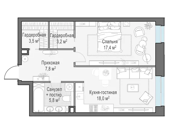 1-комнатная квартира, 56.3 м²