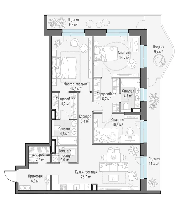 3-комнатная квартира, 122.4 м²