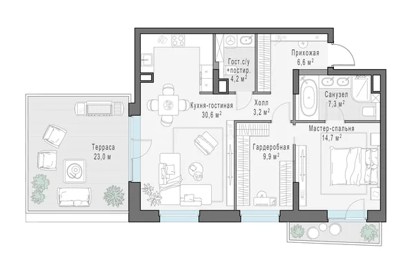 3-комнатный пентхаус, 84.8 м²