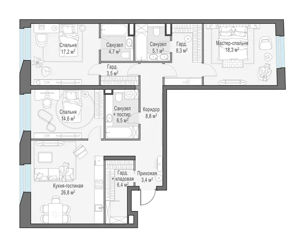 3-комнатная квартира, 124.8 м²