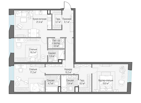 3-комнатная квартира, 120.8 м²