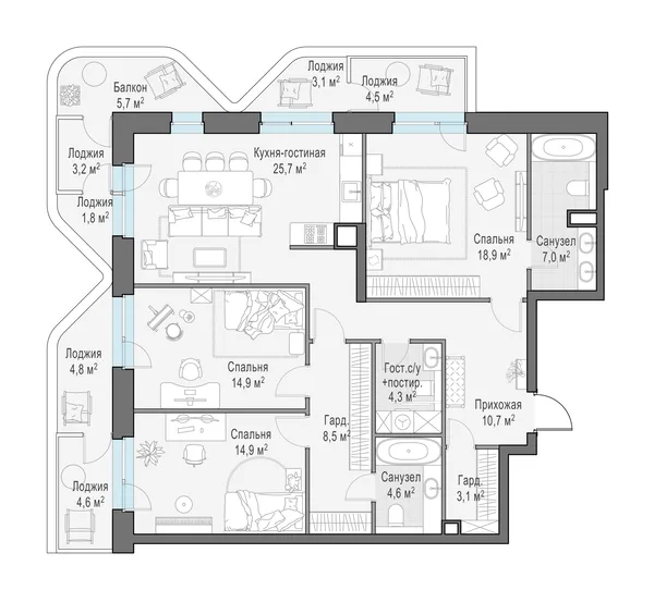 3-комнатная квартира, 126 м²