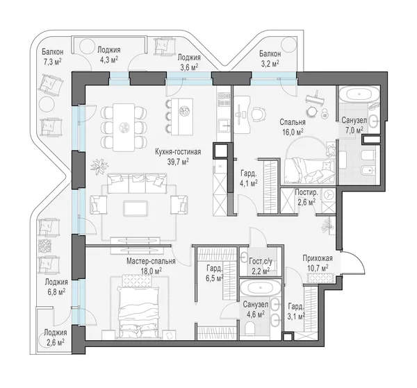 3-комнатная квартира, 124.4 м²