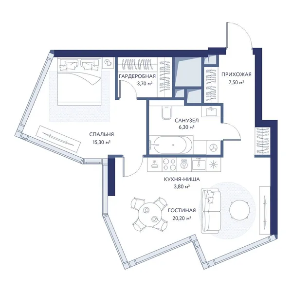 1-комнатная квартира, 56.8 м²