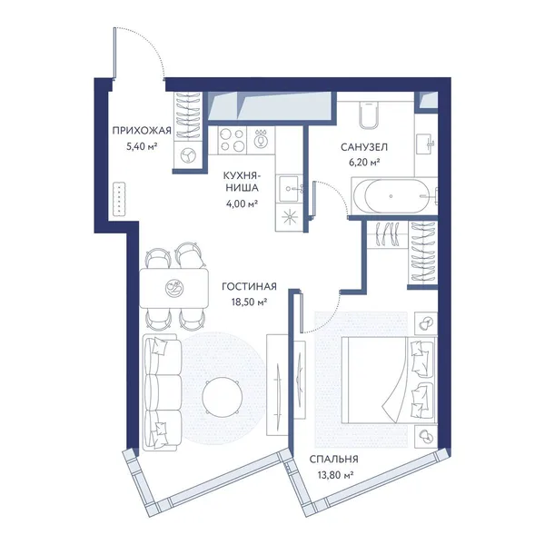 1-комнатная квартира, 48 м²