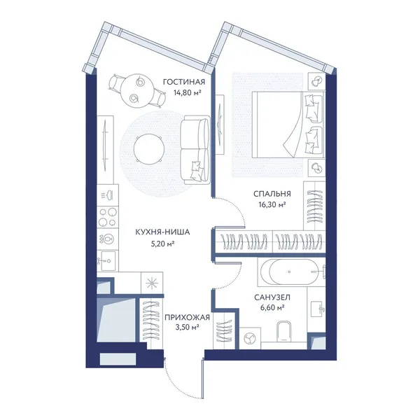 1-комнатная квартира, 46.4 м²