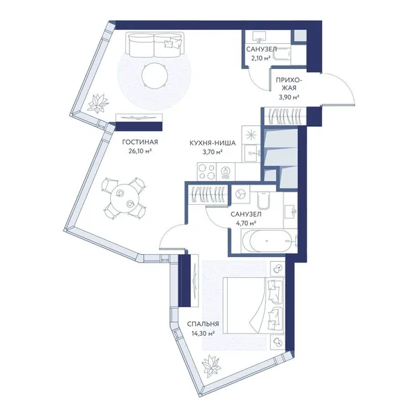1-комнатная квартира, 54.8 м²
