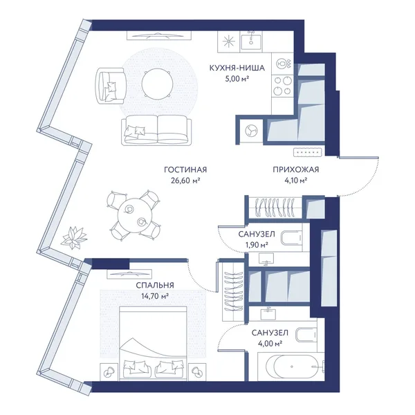 1-комнатная квартира, 56.3 м²