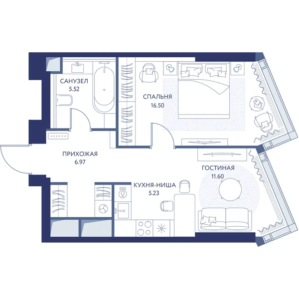 1-комнатная квартира, 45.8 м²