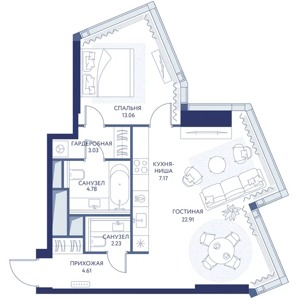 1-комнатная квартира, 57.8 м²