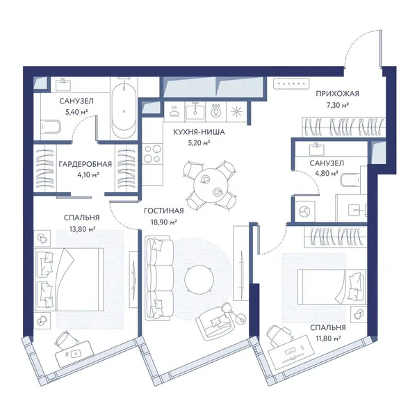 2-комнатная квартира, 71.5 м²
