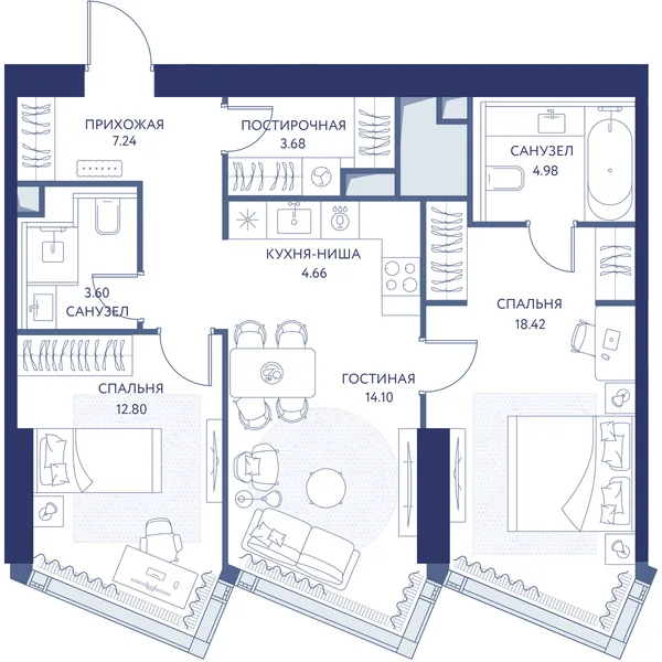2-комнатная квартира, 69.6 м²