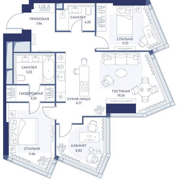2-комнатная квартира, 78.7 м²