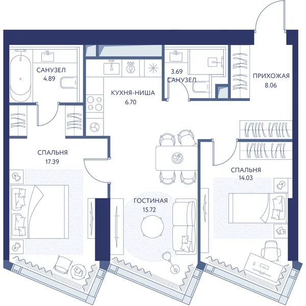 2-комнатная квартира, 70.5 м²