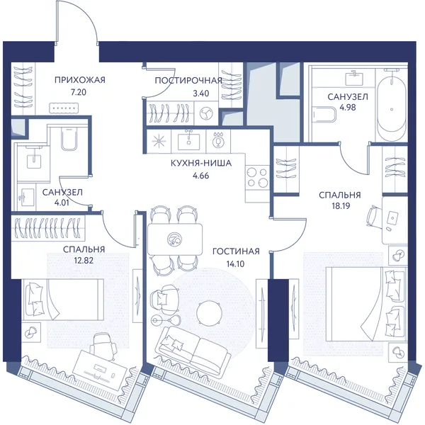 2-комнатная квартира, 69.4 м²