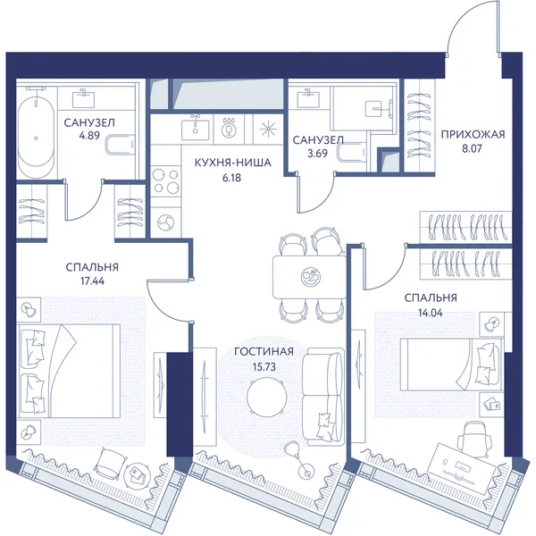 2-комнатная квартира, 7 м²