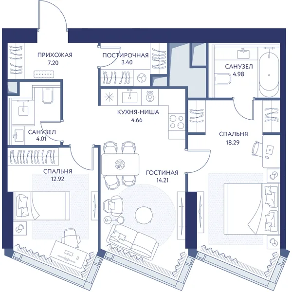 2-комнатная квартира, 69.7 м²