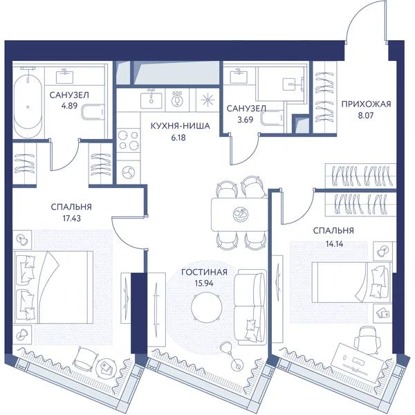 2-комнатная квартира, 70.3 м²