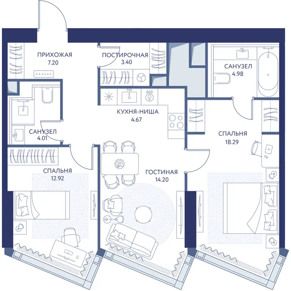 2-комнатная квартира, 69.7 м²