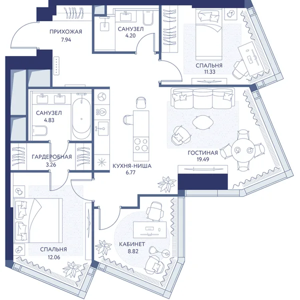 2-комнатная квартира, 78.7 м²