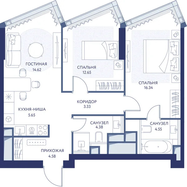 2-комнатная квартира, 65.9 м²