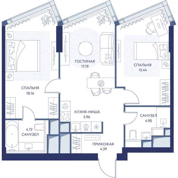 2-комнатная квартира, 68.8 м²