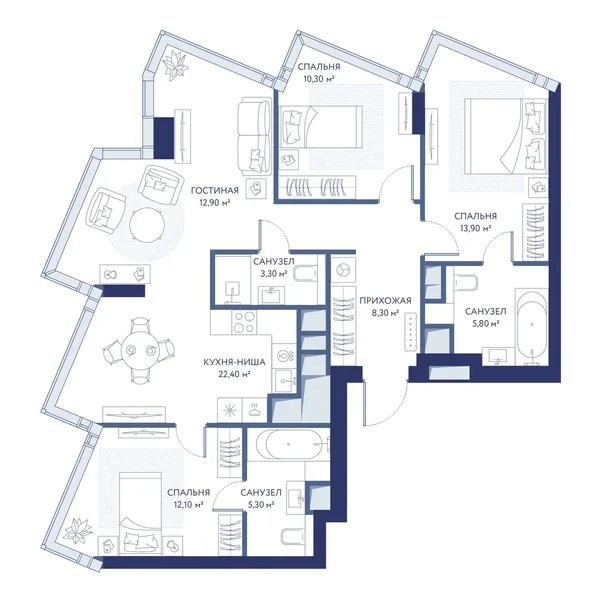 3-комнатная квартира, 94.3 м²