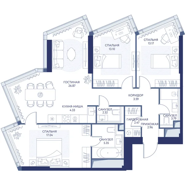 3-комнатная квартира, 94.9 м²