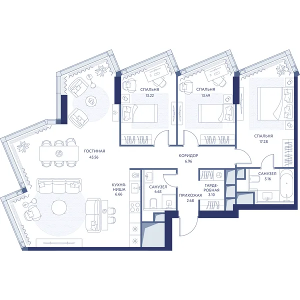 3-комнатная квартира, 118.9 м²
