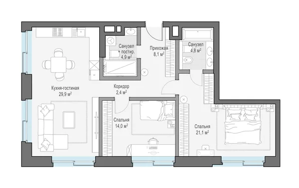 3-комнатная резиденция, 88.7 м²