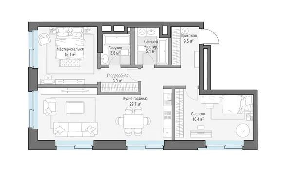 3-комнатная резиденция, 88.3 м²