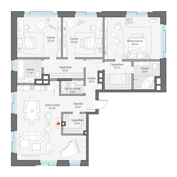 4-комнатная резиденция, 188.7 м²