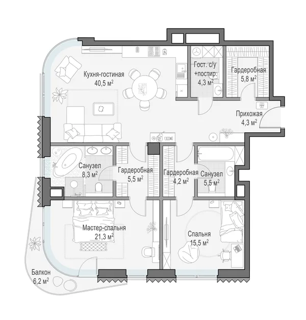 2-комнатная квартира, 117 м²