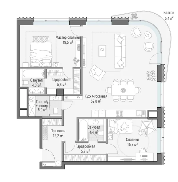 2-комнатная квартира, 125.8 м²