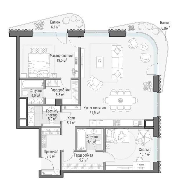2-комнатная квартира, 127.9 м²