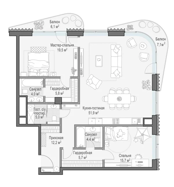 2-комнатная квартира, 128 м²
