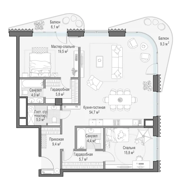 2-комнатная квартира, 128.7 м²