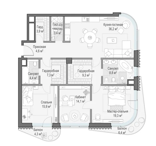 3-комнатная квартира, 130.3 м²