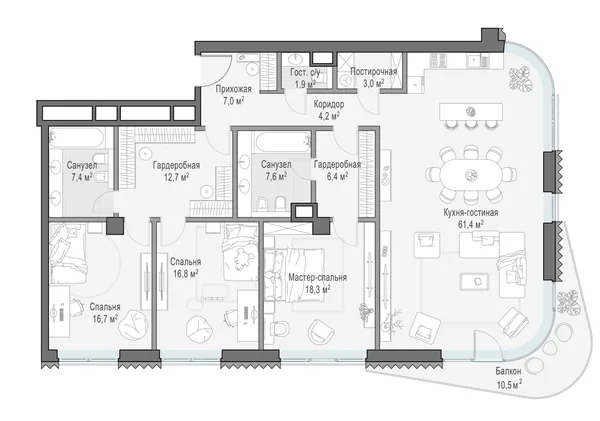 3-комнатная квартира, 166.4 м²