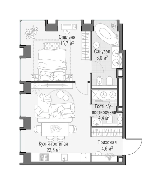2-комнатная квартира, 56.6 м²