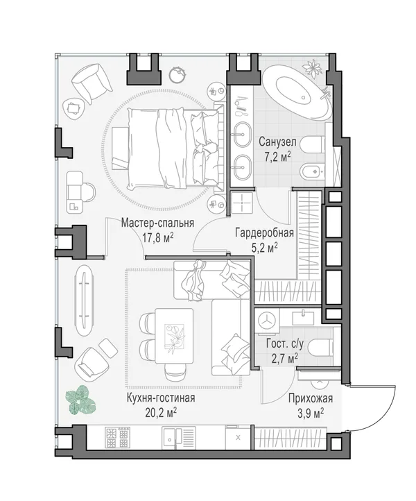 2-комнатная квартира, 57.4 м²