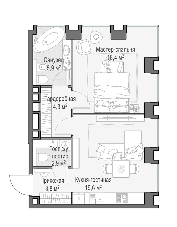 2-комнатная квартира, 55.5 м²