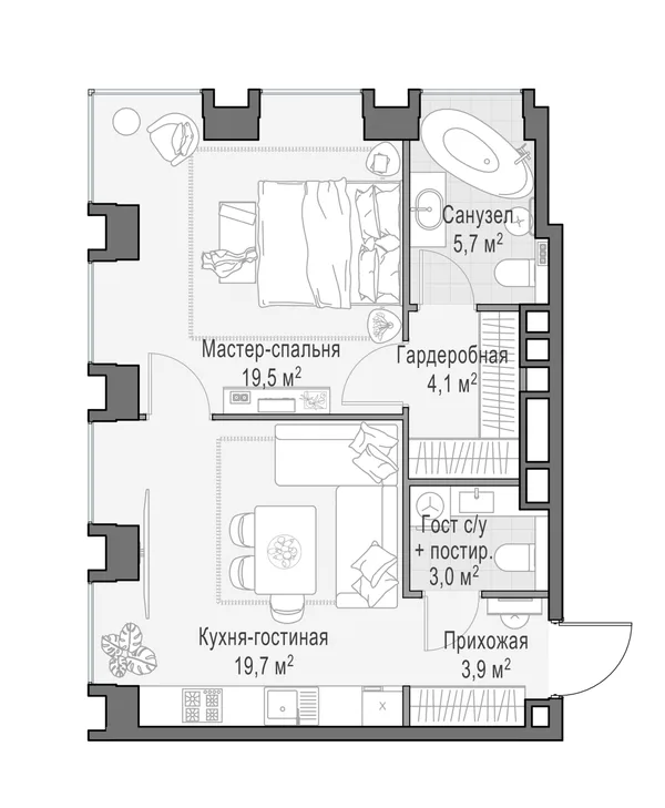 2-комнатная квартира, 56.4 м²