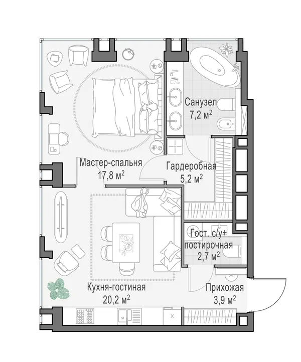 2-комнатная квартира, 57.4 м²