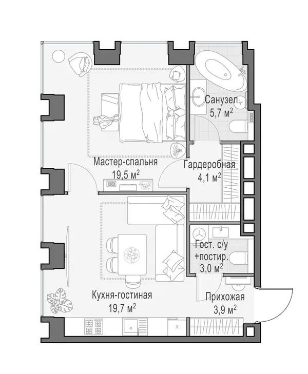 2-комнатная квартира, 56.2 м²