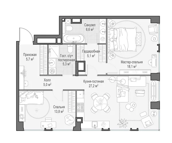 3-комнатная квартира, 86.9 м²