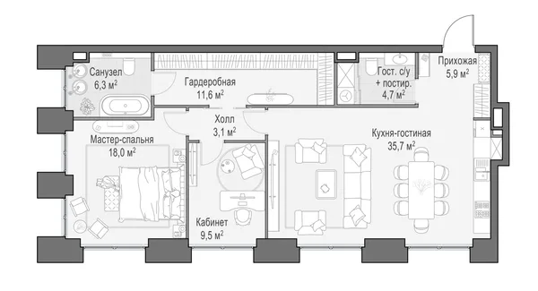 3-комнатная квартира, 95.2 м²