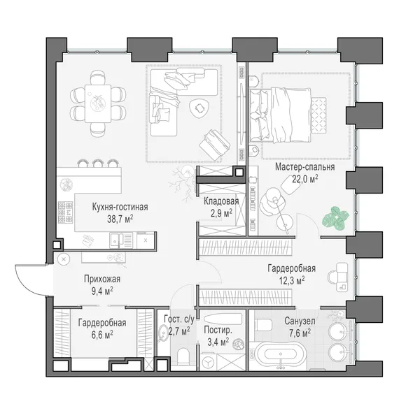 3-комнатная квартира, 106.8 м²