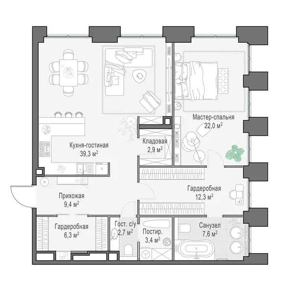 3-комнатная квартира, 106.6 м²