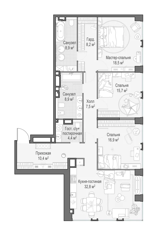 4-комнатная квартира, 132.9 м²